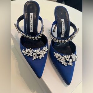 Manolo Blahnik Lurum Satin Crystal Embellished Heels